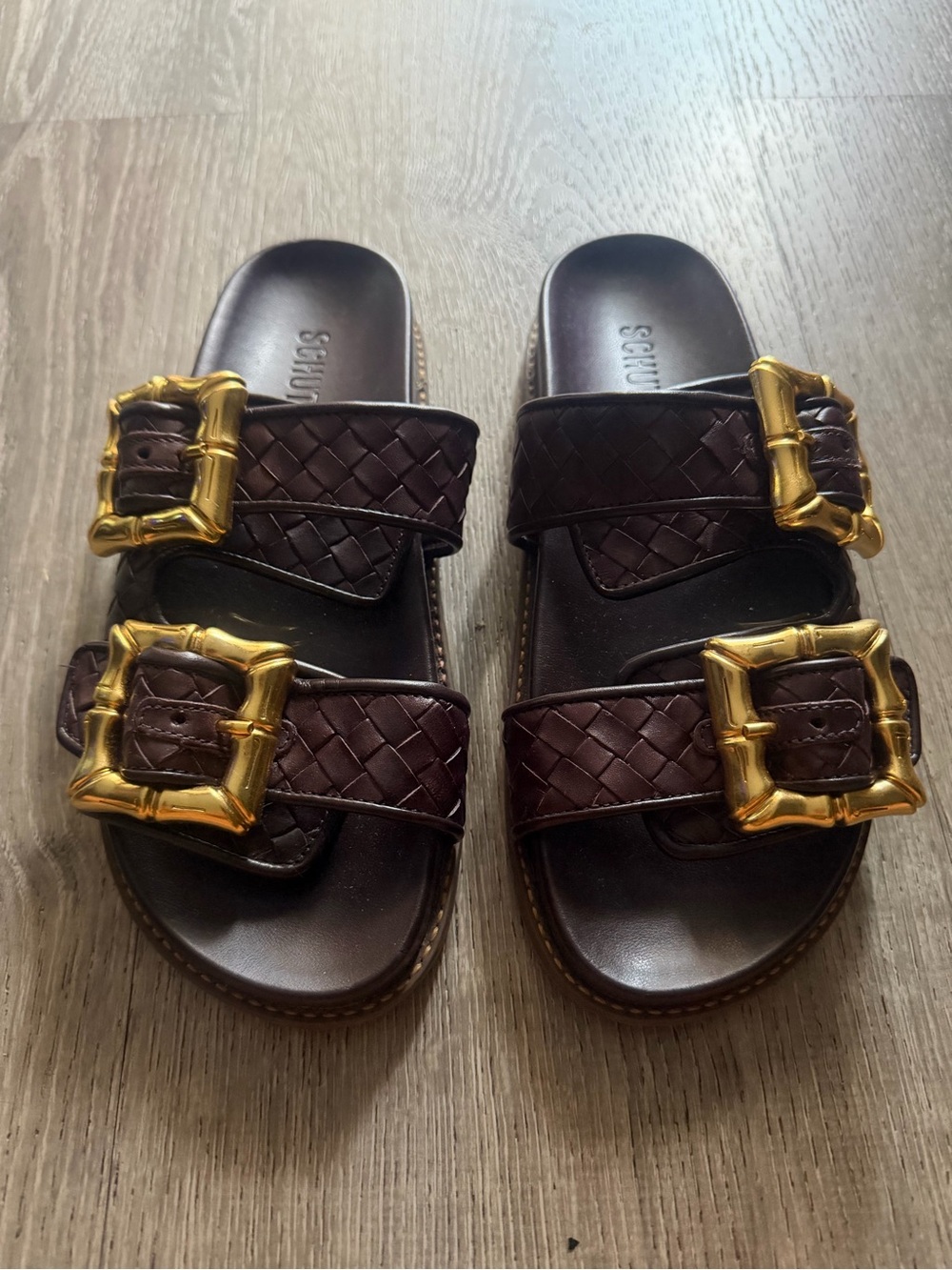 Women’s Schutz Braided Leather Slide Sandals with Gold Buckles - Brown